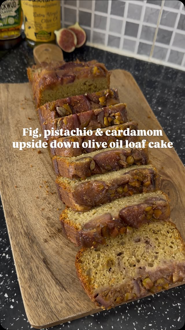 May’s upside-down fig, pistachio and cardamom olive oil loaf cake